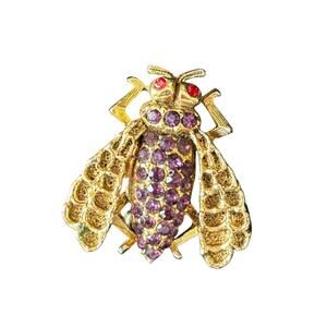 JJ Signed Bee Brooch Pin Gold Tone Bug Insect Purple & Red Rhinestones